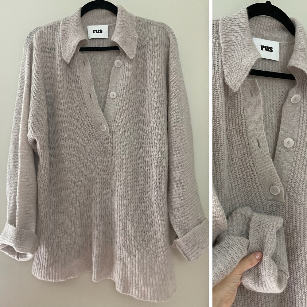 RUS Alpaca Wool Minimalist Funky Classic Neutral Beige Polo Sweater M MSRP $330